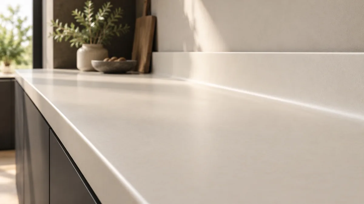 Seamless acrylic solid surface countertop running into an integrated coved upstand with no visible joint