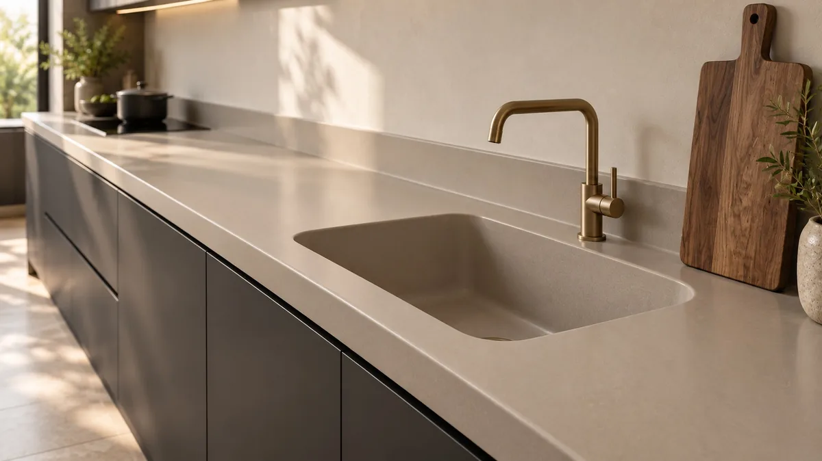 Acrylic solid surface kitchen counter running unbroken into an integrated moulded sink