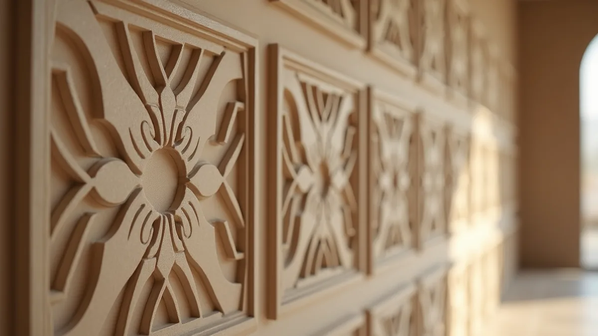 Close-up view of 3D luxury wall panels with geometric patterns in Hyderabad
