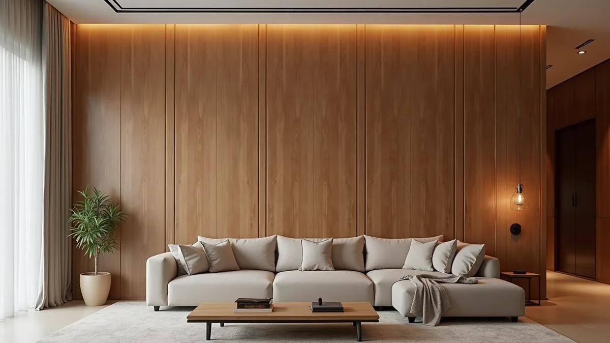 Eye-level view of a living room wall with wooden luxury panels in Hyderabad
