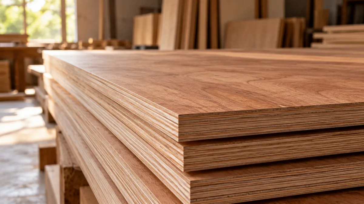 A stack of hardwood plywood sheets seen edge-on, showing tight, even veneer plies with no core gaps.