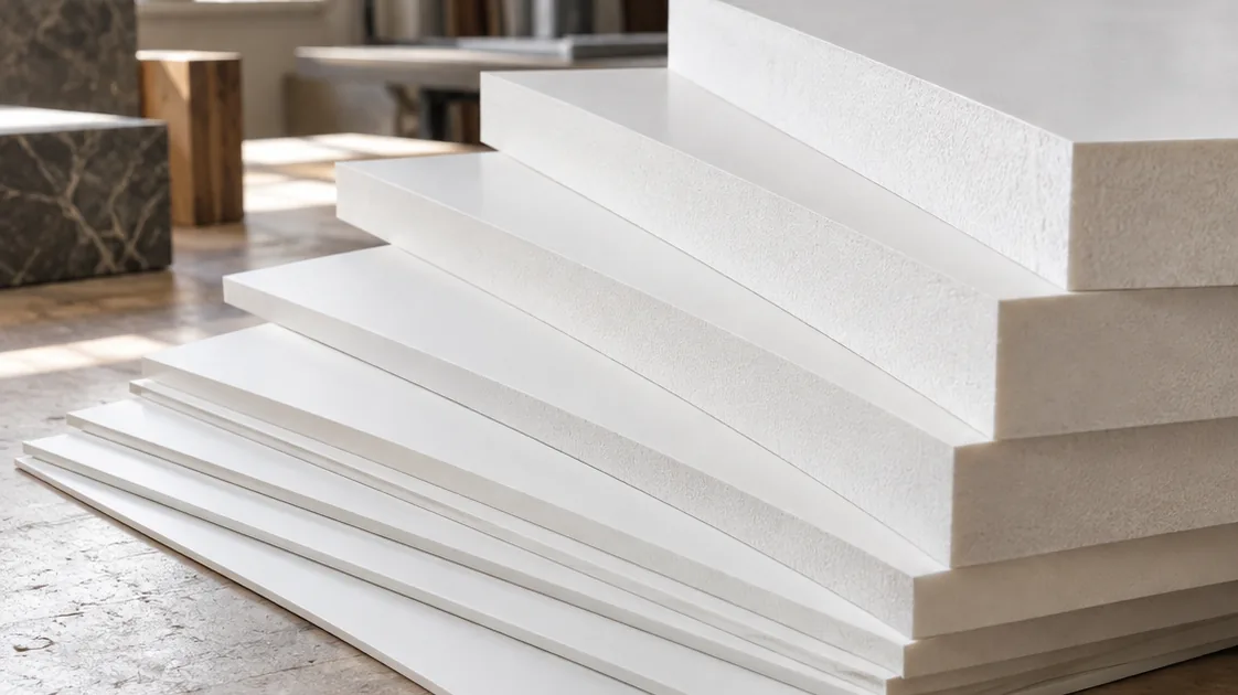 PVC foam boards stacked in a stepped pile from thin sheet to thick board, cut edges to camera, showing the dense closed-cell core.