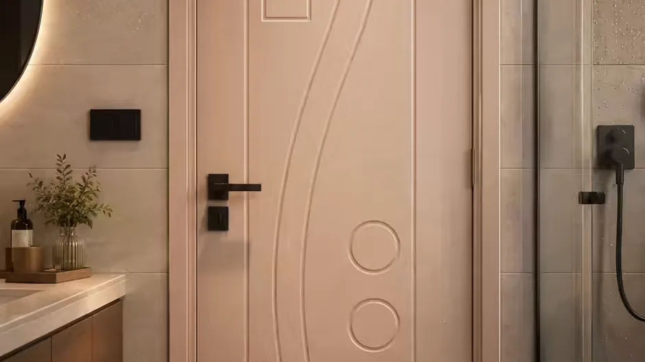 A WPC bathroom door with a moulded panel face and black lever handle, seen in a finished bathroom beside the vanity and shower screen.